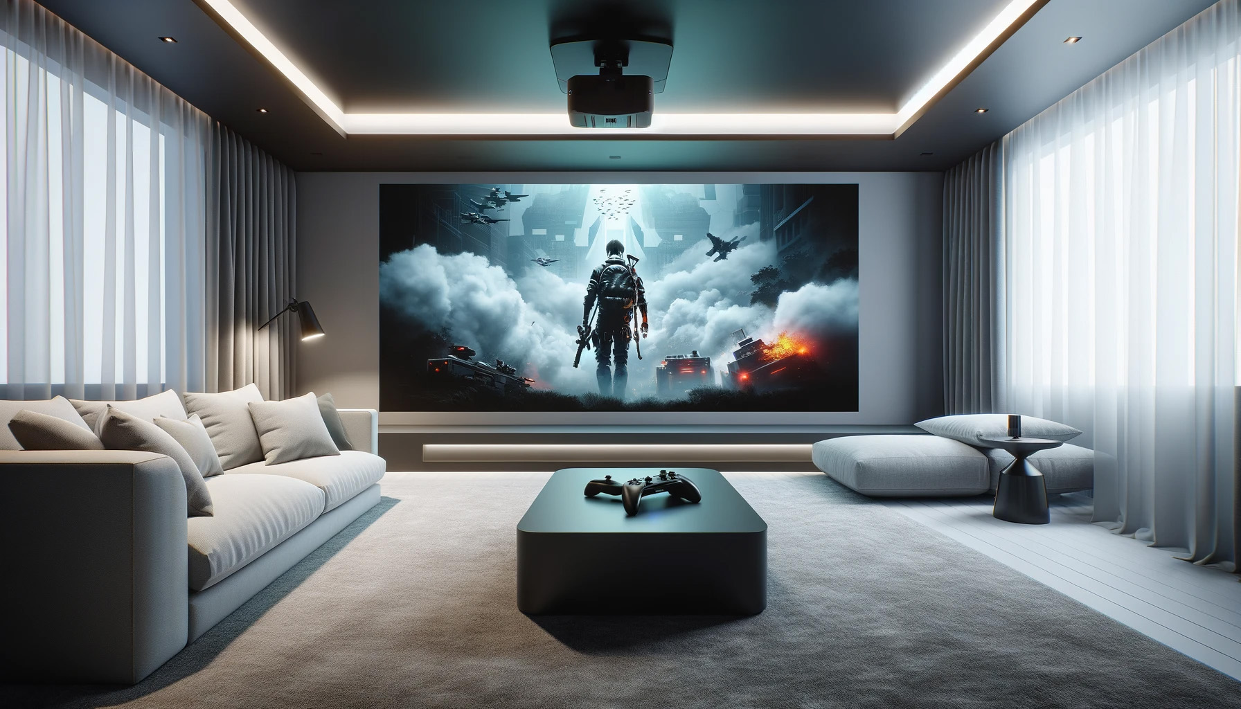 Gaming Projektion im Großformat mit Beamer und Leinwand im Homoffice